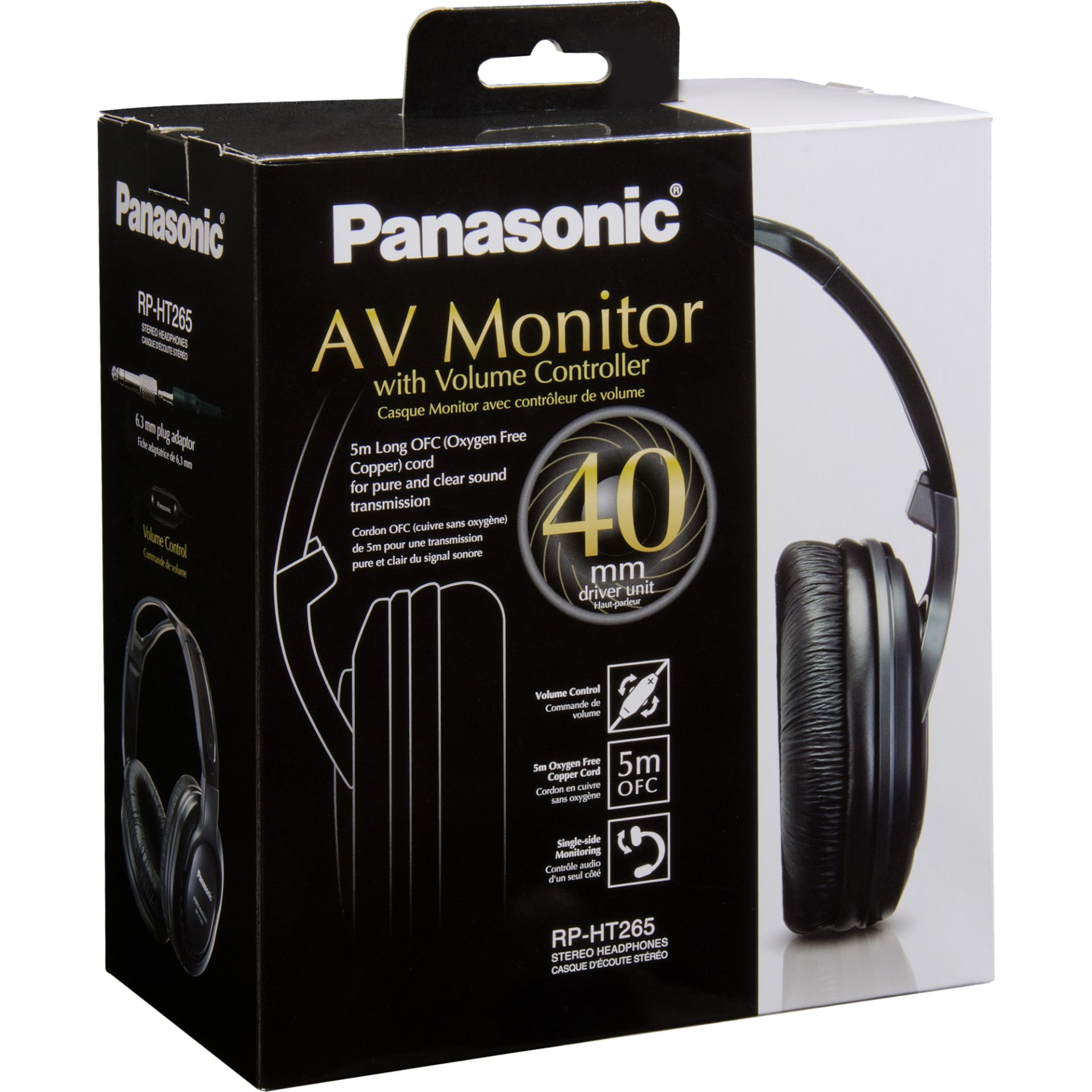 Panasonic RP-HT265 sluchátka kompatibilní s AV zařízeními (5m kabel s ovládáním hlasitosti, měkké krytky náušníků), černá