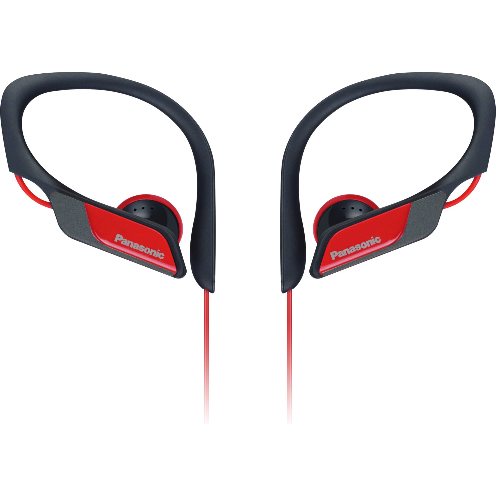 Panasonic RP-HS34 sportovní klipsová sluchátka (kabelová, 14,3mm měniče, 10Hz-25kHz, voděodolná IPX2, nastavitelný závěs), červená