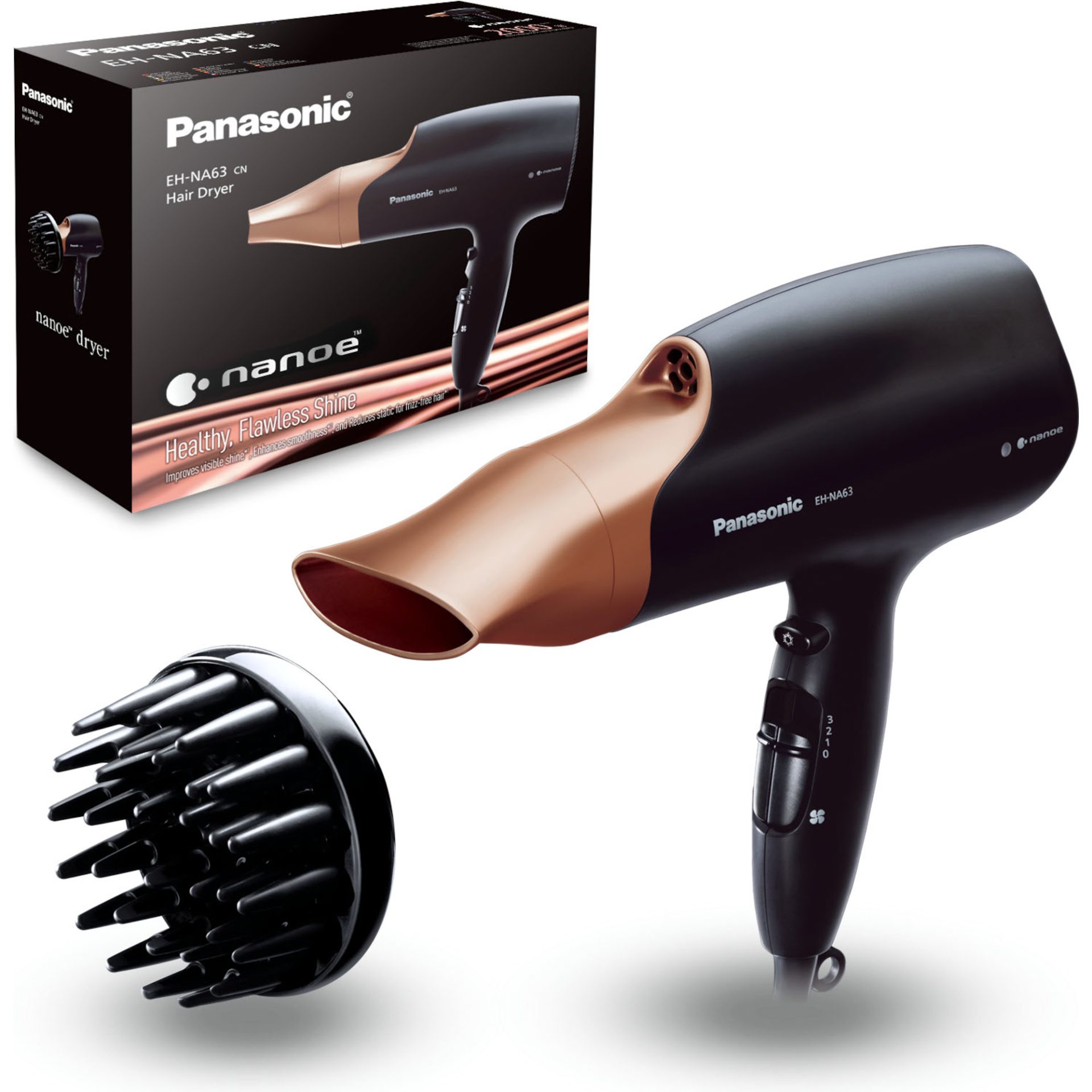 Panasonic EH-NA63 vysoušeč vlasů s technologií nanoe™ (2000W, 3 nastavení rychlosti, 4 teploty, difuzor pro sušení kudrlinek), černá a zlatá
