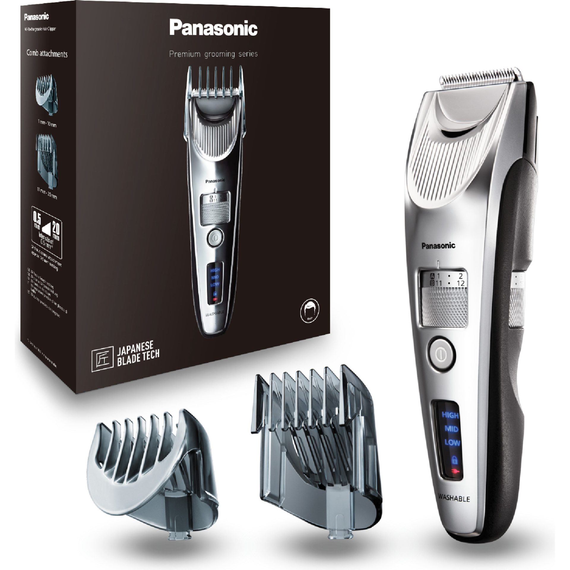 Panasonic ER-SC60 Premium zastřihovač vlasů (čepele s úhlem 45 stupňů, rychlý lineární motor, 39 nastavení délky 0,5-20mm, nabíjecí stojan), stříbrná