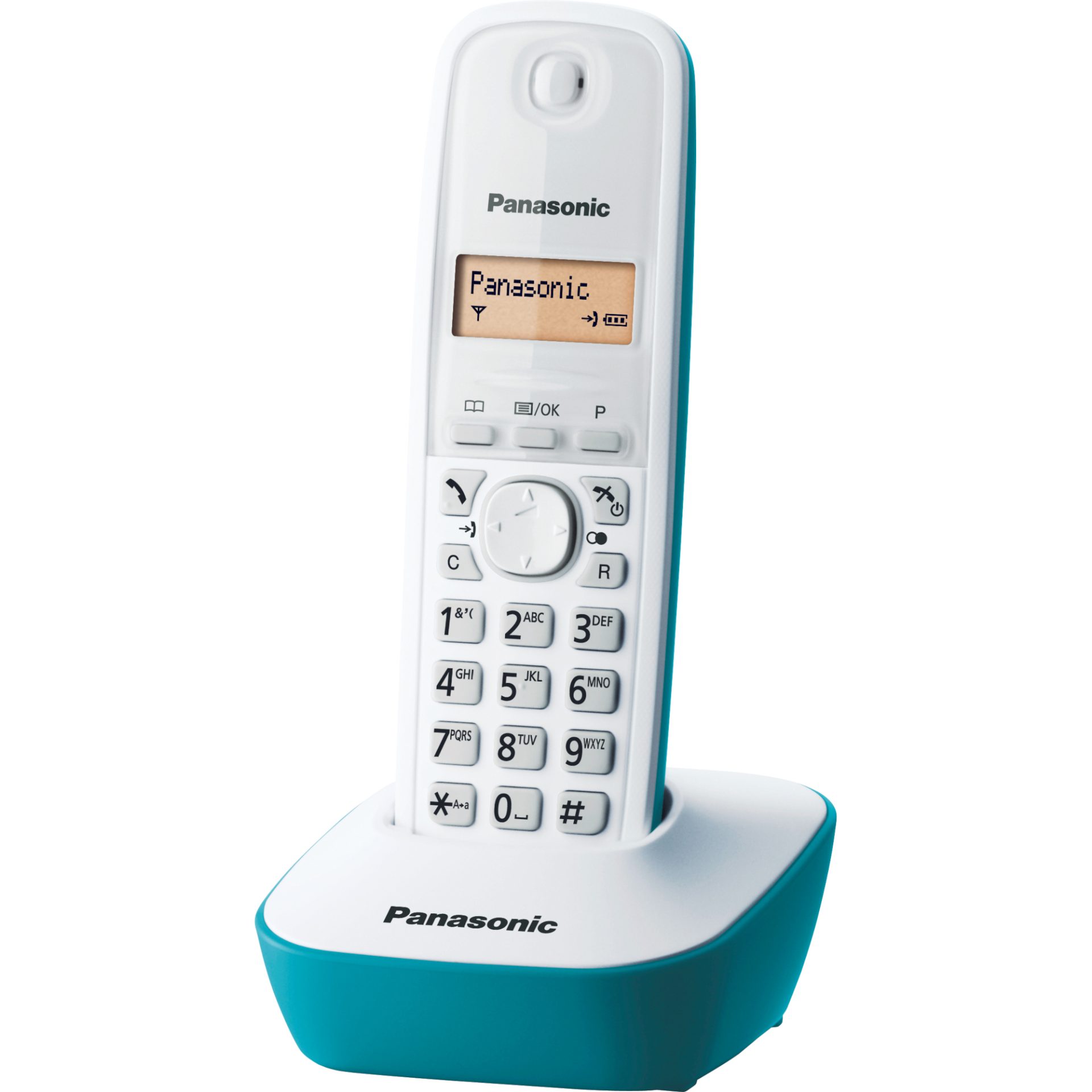Panasonic KX-TG1611 DECT bezdrátový telefon (snadné použití, telefonní seznam 50 položek, podsvícený LCD displej, hodiny, budík), bílá a modrá
