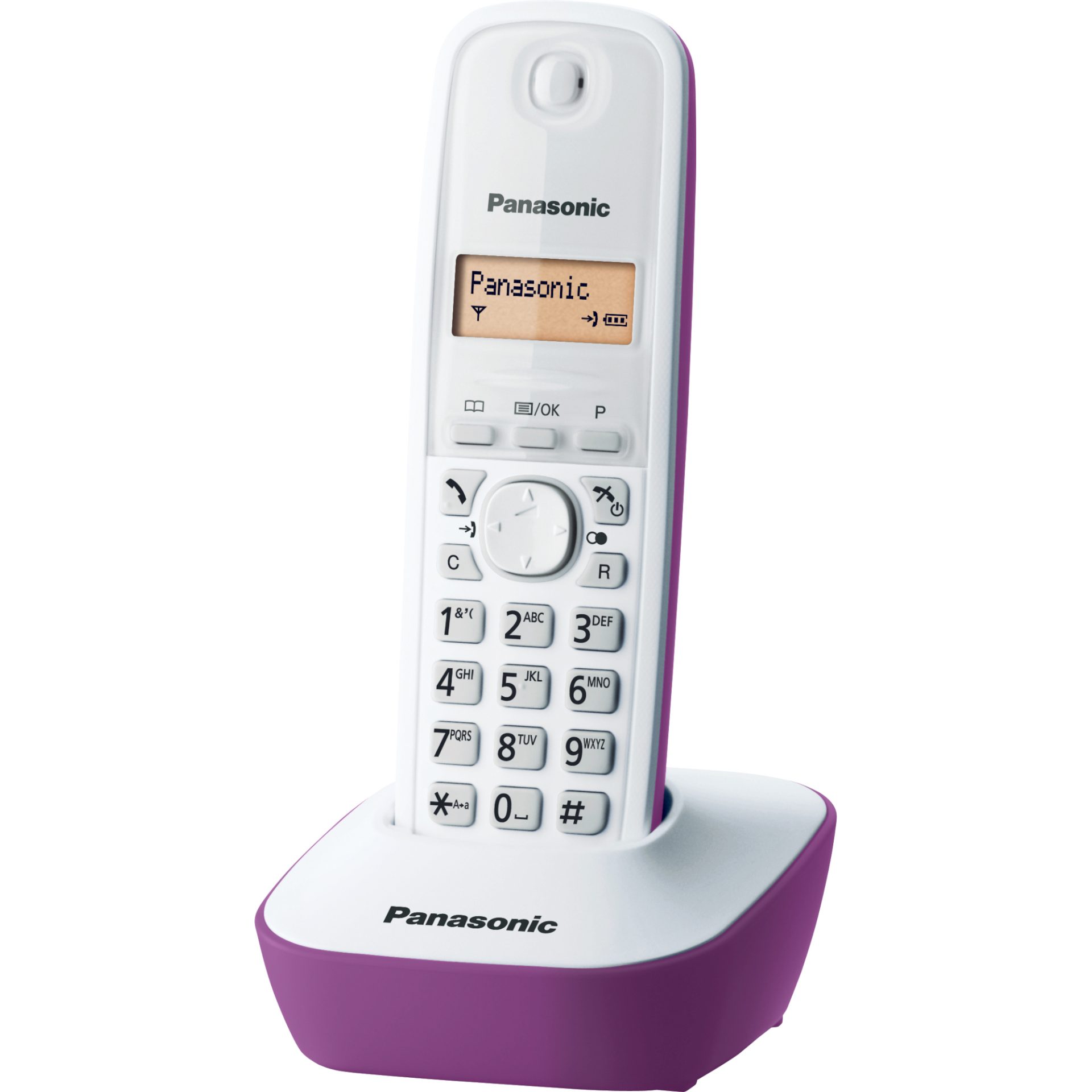 Panasonic KX-TG1611 DECT bezdrátový telefon (snadné použití, telefonní seznam 50 položek, podsvícený LCD displej, hodiny, budík), bílo-fialová