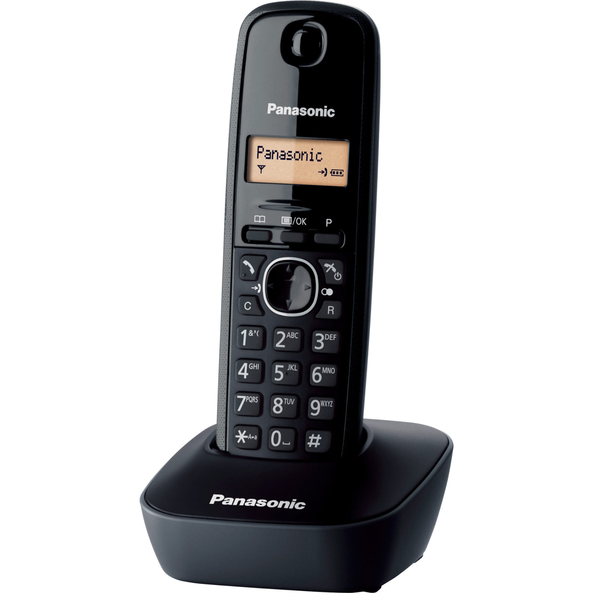 Panasonic KX-TG1611 DECT bezdrátový telefon (snadné použití, telefonní seznam 50 položek, podsvícený LCD displej, hodiny, budík), černý