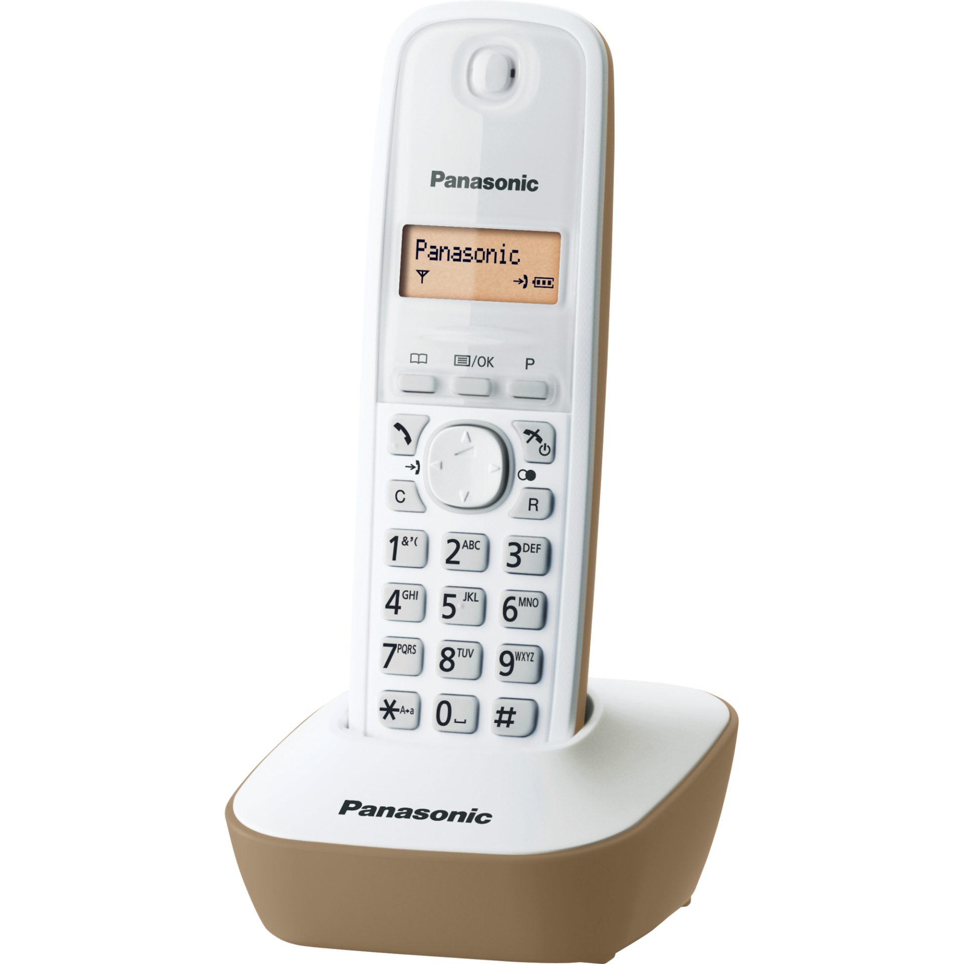 Panasonic KX-TG1611 DECT bezdrátový telefon (snadné použití, telefonní seznam 50 položek, podsvícený LCD displej, hodiny, budík), bílá a béžová