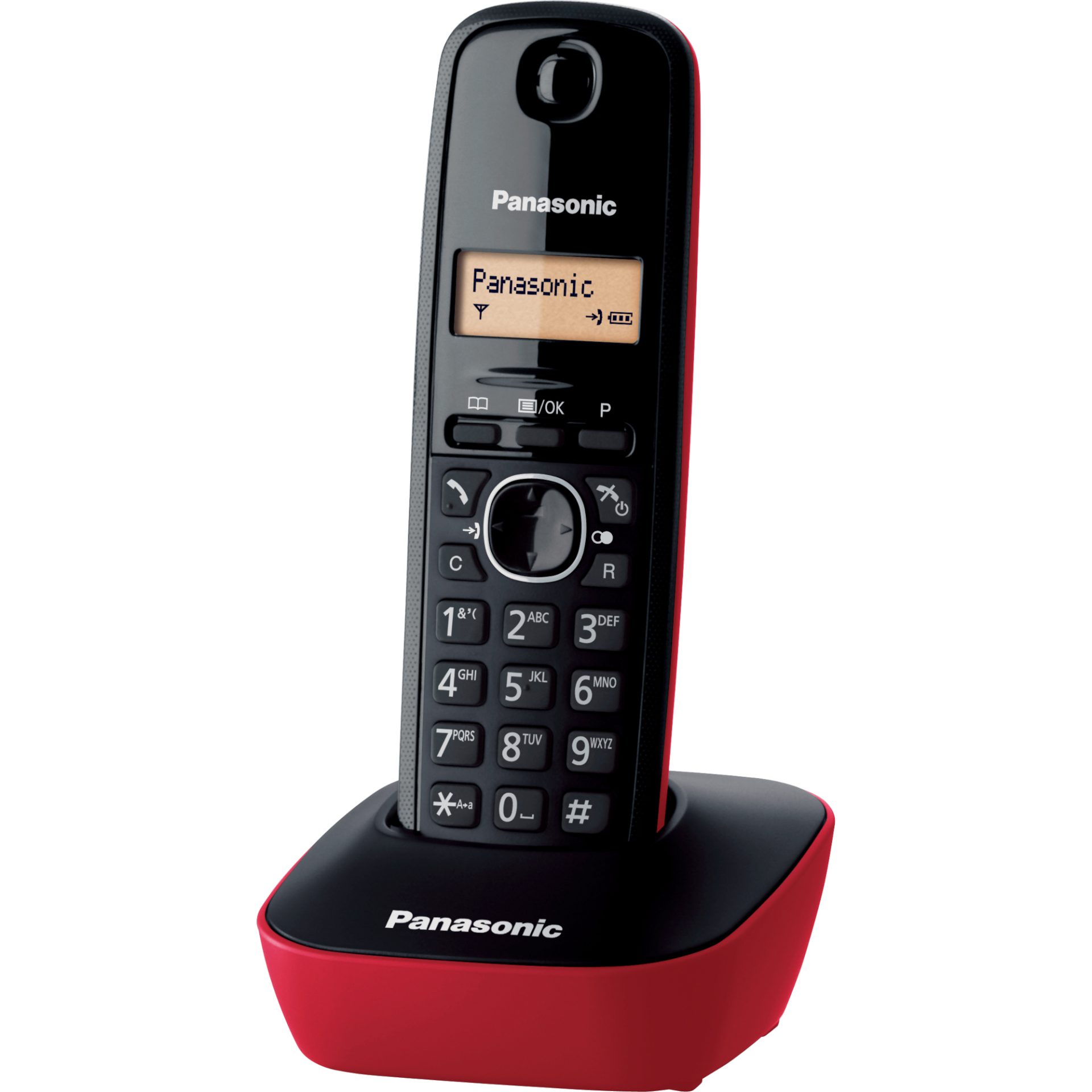 Panasonic KX-TG1611 DECT bezdrátový telefon (snadné použití, telefonní seznam 50 položek, podsvícený LCD displej, hodiny, budík), černá a červená
