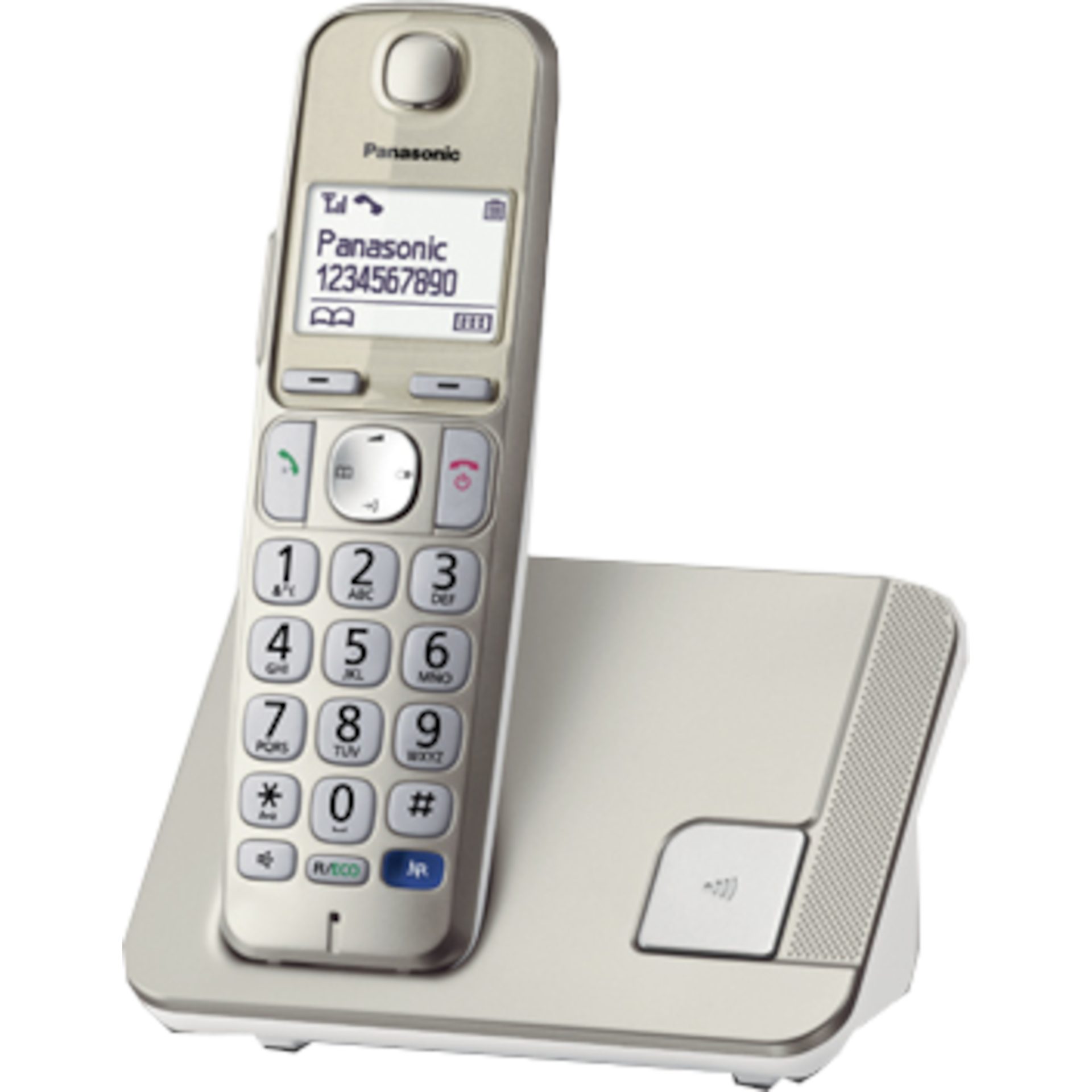 Panasonic KX-TGE210 digitální bezdrátový telefon (režim Eco Plus, blokování nežádoucích hovorů, kompatibilita se sluchadlem), platina