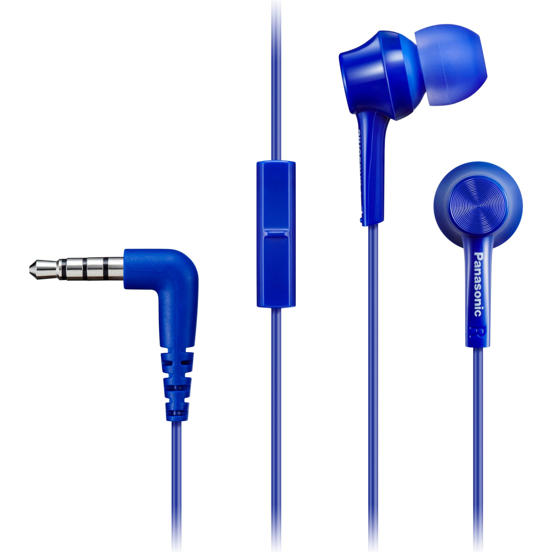 Panasonic RP-TCM115 ergonomická sluchátka do uší (9mm měniče, výkonné basy, mikrofon a dálkové ovládání v kabelu, kabel 1,2m, pohodlné nošení), modrá
