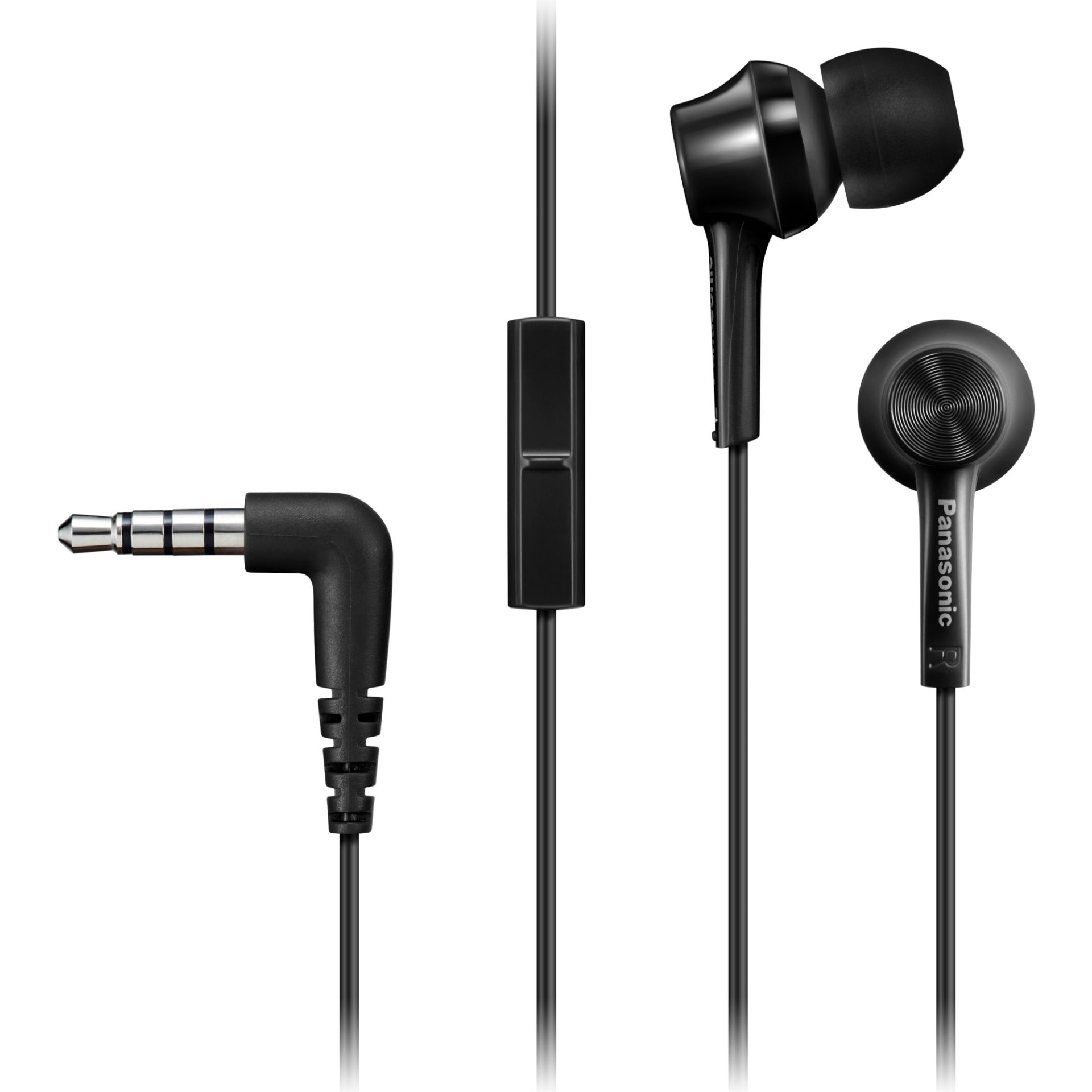 Panasonic RP-TCM115 ergonomická sluchátka do uší (9mm měniče, výkonné basy, mikrofon a dálkové ovládání v kabelu, kabel 1,2m, pohodlné nošení), černá