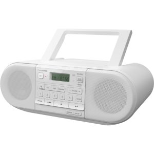Panasonic RX-D550 přenosný výkonný rádiový přijímač 20W (CD, Bluetooth, USB, reproduktory s plným rozsahem 8cm, Sound Booster, bateriový), bílá