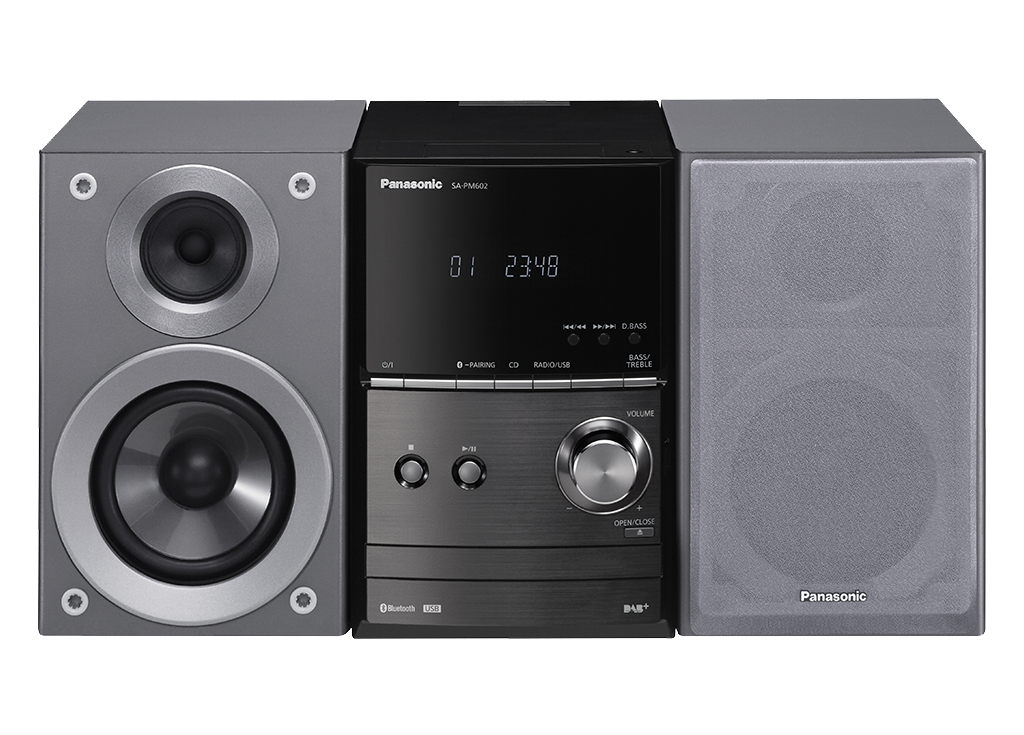 Panasonic SC-PM602 Mini CD věž s všestrannou audio technologií (40W, DAB+, Bluetooth, USB, FM, MP3, Bass-reflex, čistý zvuk, remastering), stříbrno-če