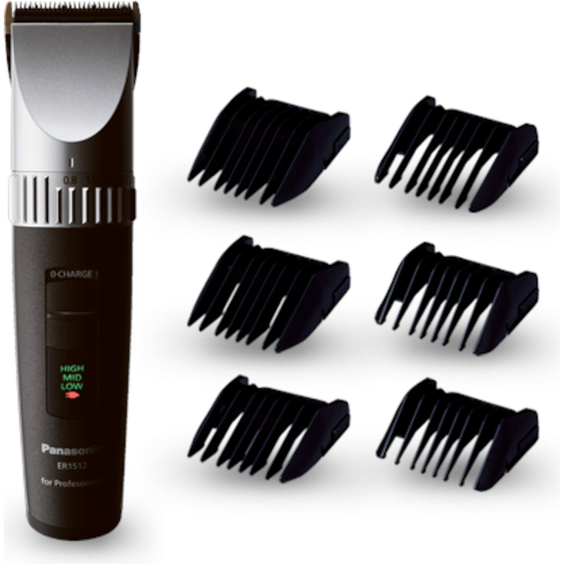 Panasonic ER1512K801 profesionální zastřihovač vlasů (6100 ot./min,, délka účesu 0,8–15 mm, 6 nástavců, LED indikátor baterie), černá a stříbrná